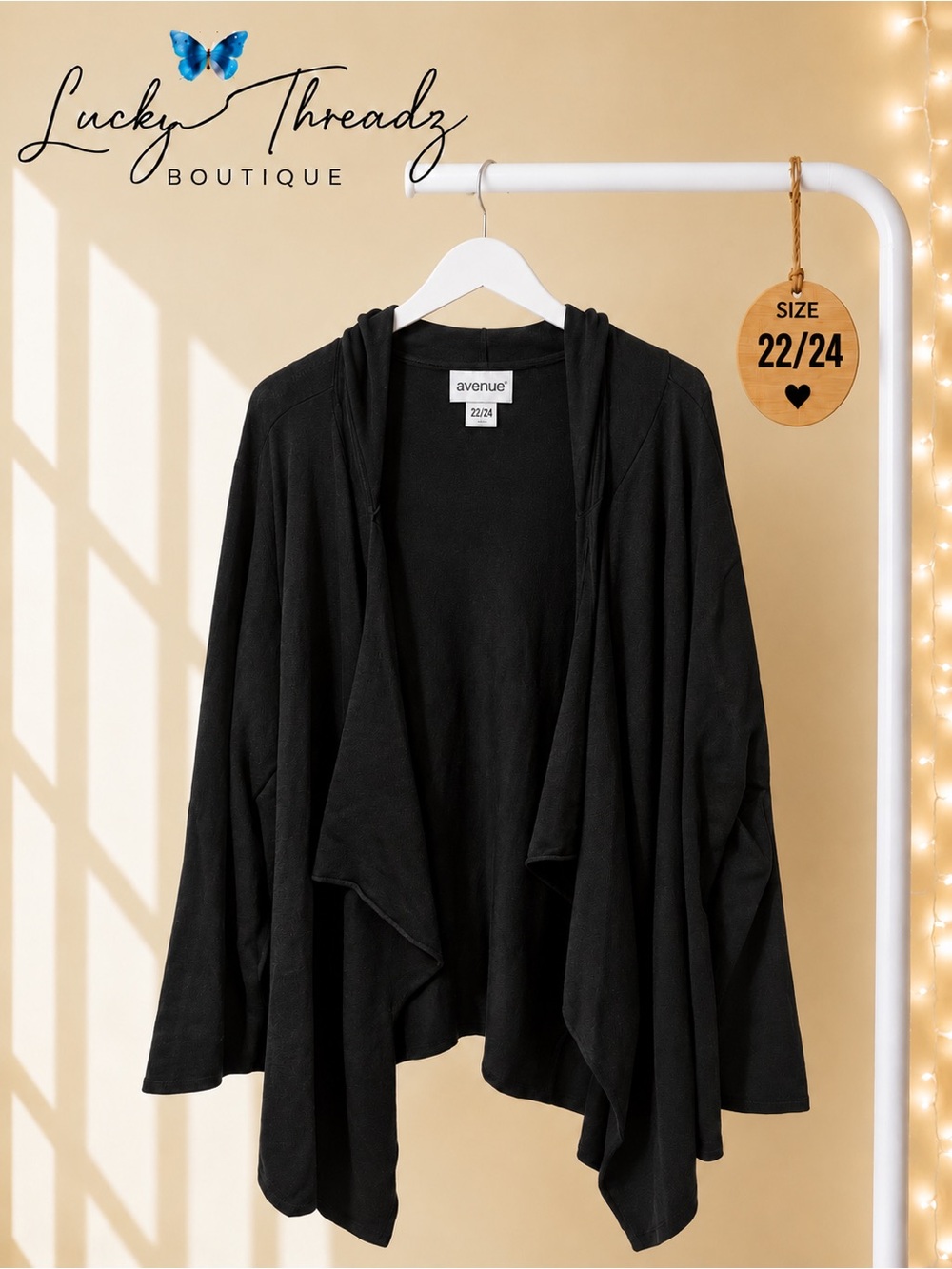 Avenue Black Hooded Waterfall Cardigan 22/24 Plus Size